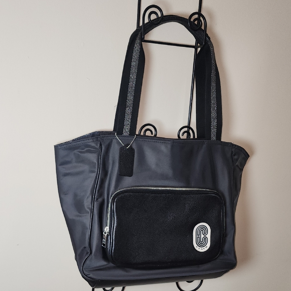 Coach Court Tote Black Floral Nylon Leather 91061 Travel